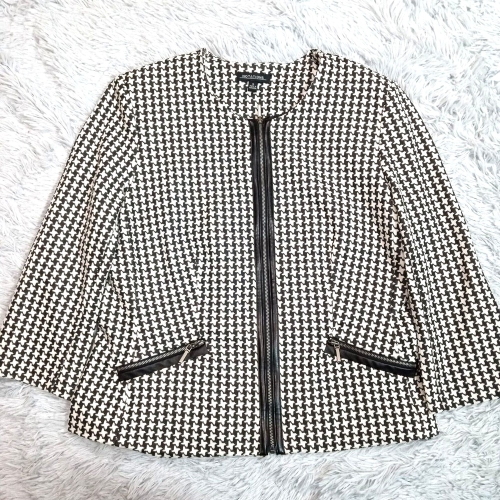 Notations Womens Shirt Blouse White Black M Zip Up Pockets Geometric Top